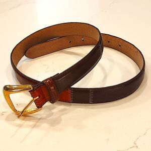 Leather Patchwork Reptile and Croc Embossed Belt Goldtone Buckle Size M
